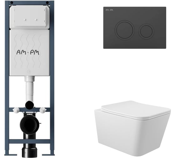 Комплект AM.PM I012711.0138 ErgoFit инсталляция для подвес унитаза с клавишей ErgoFit L пластик, черный матовый + Унитаз подвесной 520*370 безободковый, сиденье Soft-Close, белый матовый, форма квадрат I012711.0138Q0120 1