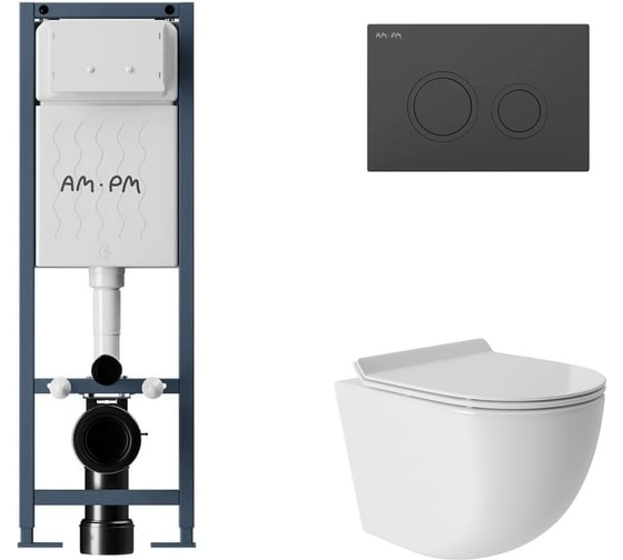 Комплект AM.PM I012711.0138 ErgoFit инсталляция для подвес унитаза с клавишей ErgoFit L пластик, черный матовый + Унитаз подвесной 480*360 безободковый, Vortex, сиденье Soft-Close, белый глянцевый, форма овал I012711.0138OV0110 1