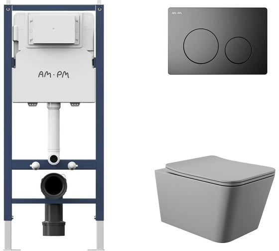 Комплект AM.PM I012709.0138 PrimeFit инсталляция для подвесного унитаза с клавишей PrimeFit L, мат.черный + Унитаз подвесной 520*370 безободковый, сиденье Soft-Close, серый матовый, форма квадрат I012709.0138Q0130 1