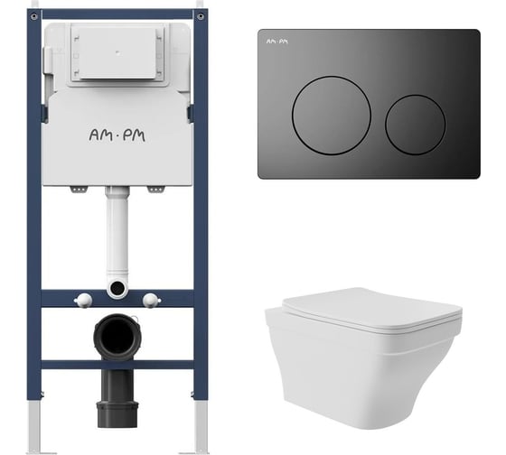 Комплект AM.PM I012709.0138 PrimeFit инсталляция для подвесного унитаза с клавишей PrimeFit L, мат.черный + Унитаз подвесной 520*370 безободковый, сиденье Soft-Close, белый матовый, форма квадрат с выступом I012709.0138E0120 1