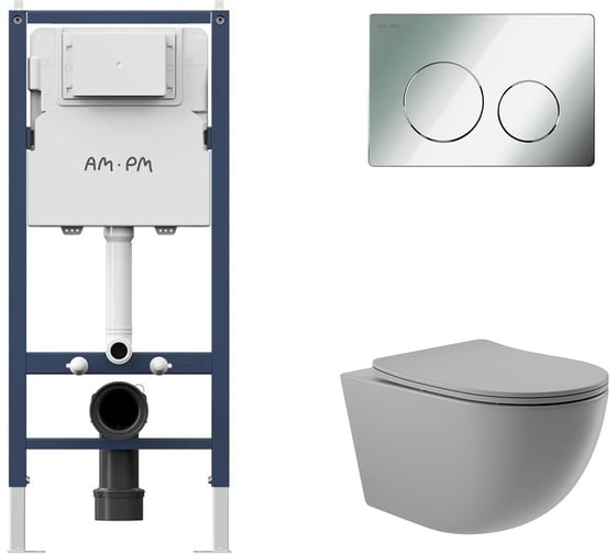 Комплект AM.PM I012709.0151 PrimeFit инсталляция для подвесного унитаза с клавишей PrimeFit L, хром глянц + Унитаз подвесной 525*360 безободковый, сиденье Soft-Close, серый матовый, форма овал I012709.0151O0130 1
