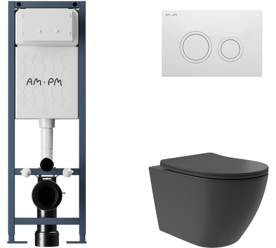 Комплект AM.PM I012711.0101 ErgoFit инсталляция для подвес унитаза с клавишей ErgoFit L пластик, белый глянцевый + Унитаз подвесной Long 520*365 безободковый, Vortex, сиденье Soft-Close, черный матовый, форма овал I012711.0101OV0240 1