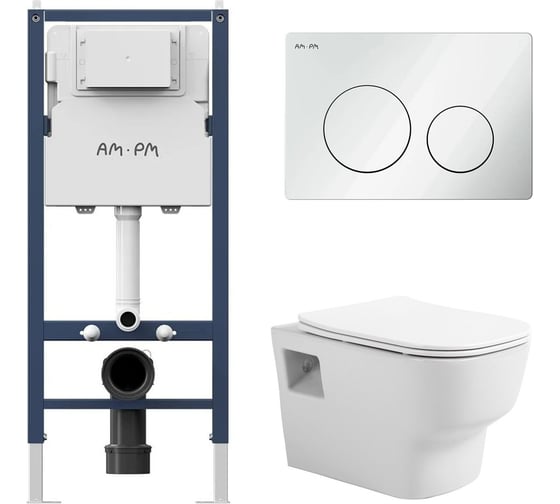 Комплект AM.PM I012709.0101 PrimeFit инсталляция для подвесного унитаза с клавишей PrimeFit L, бел глянц + Подвесной безободковый унитаз AVIMANO Tradition с крышкой-сидением из дюропласта с функцией soft-close и quick release I012709.01011000090 1