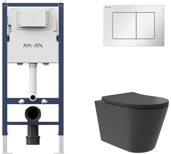 Комплект AM.PM I012709.0201 PrimeFit инсталляция для подвесного унитаза с клавишей PrimeFit S, бел глянц + Унитаз подвесной Long 520*365 безободковый, Vortex, сиденье Soft-Close, черный матовый, форма конус I012709.0201CV0240 1