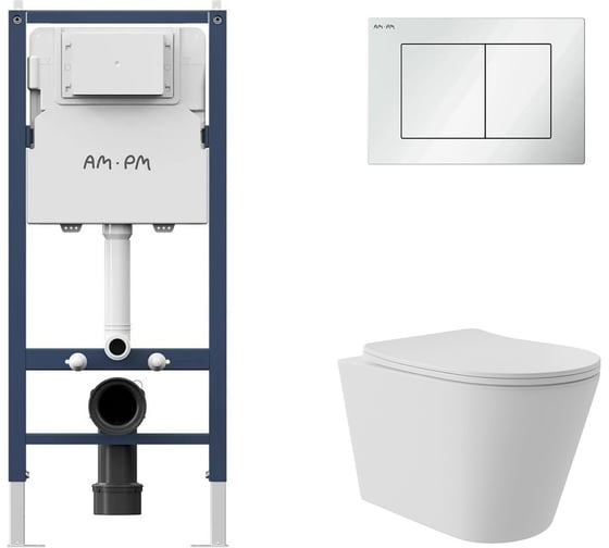 Комплект AM.PM I012709.0201 PrimeFit инсталляция для подвесного унитаза с клавишей PrimeFit S, бел глянц + Унитаз подвесной Long 520*365 безободковый, Vortex, сиденье Soft-Close, белый матовый, форма конус I012709.0201CV0220 1