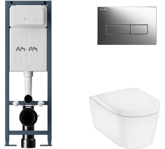 Комплект AM.PM I012711.0351 ErgoFit инсталляция для подвес унитаза с клавишей ErgoFit M пластик, хром глянц + EluPura Original S Унитаз подвесной 540x360, AquaFall, сиденье с микролифтом, белый I012711.0351HGSET012 1
