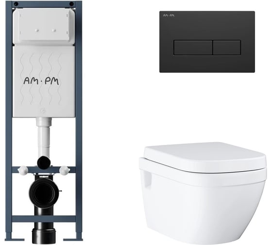 Комплект AM.PM I012711.0338 ErgoFit инсталляция для подвес унитаза с клавишей ErgoFit M пластик, черный матовый + Унитаз GROHE Euro Ceramic подвесной с сиденьем с микролифтом, альпин-белый (39703000) I012711.033839703000 1