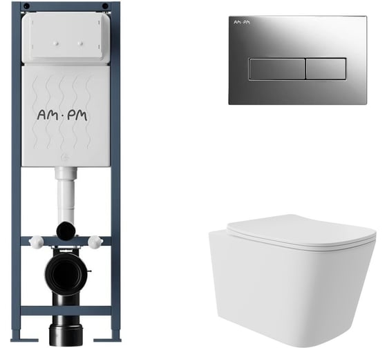 Комплект AM.PM I012711.0351 ErgoFit инсталляция для подвес унитаза с клавишей ErgoFit M пластик, хром глянц + Унитаз подвесной Long 525*345 безободковый, Vortex, сиденье Soft-Close, белый матовый, форма квадрат I012711.0351QV0220 1