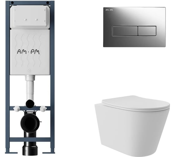 Комплект AM.PM I012711.0351 ErgoFit инсталляция для подвес унитаза с клавишей ErgoFit M пластик, хром глянц + Унитаз подвесной Long 520*365 безободковый, Vortex, сиденье Soft-Close, белый матовый, форма конус I012711.0351CV0220 1