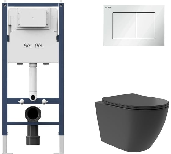 Комплект AM.PM I012709.0201 PrimeFit инсталляция для подвесного унитаза с клавишей PrimeFit S, бел глянц + Унитаз подвесной Long 520*365 безободковый, Vortex, сиденье Soft-Close, черный матовый, форма овал I012709.0201OV0240 1