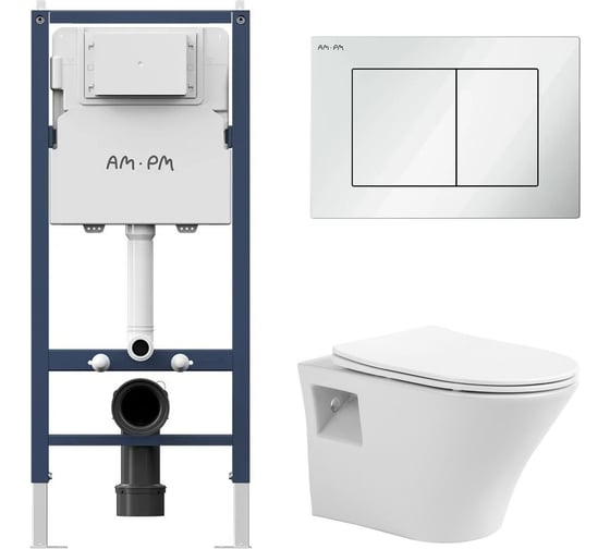 Комплект AM.PM I012709.0201 PrimeFit инсталляция для подвесного унитаза с клавишей PrimeFit S, бел глянц + Подвесной безободковый унитаз AVIMANO Promotion с крышкой-сидением из дюропласта с функцией soft-close и quick release I012709.02011000080 1