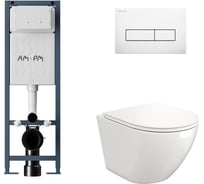 Комплект AM.PM I012711.0301 ErgoFit инсталляция для подвес унитаза с клавишей ErgoFit M пластик, белый глянцевый +  FLUIRE 110 Vortex Унитаз подвесной безободковый, быстросъёмное сиденье с микролифтом, белый глян. I012711.0301AL.FLU40110.V.W
