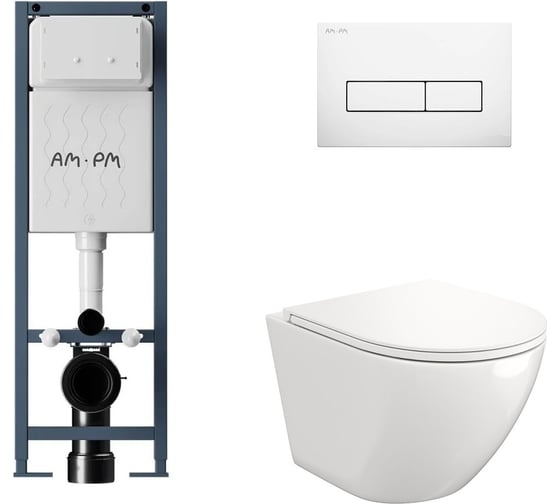 Комплект AM.PM I012711.0301 ErgoFit инсталляция для подвес унитаза с клавишей ErgoFit M пластик, белый глянцевый +  FLUIRE 110 Vortex Унитаз подвесной безободковый, быстросъёмное сиденье с микролифтом, белый глян. I012711.0301AL.FLU40110.V.W 1