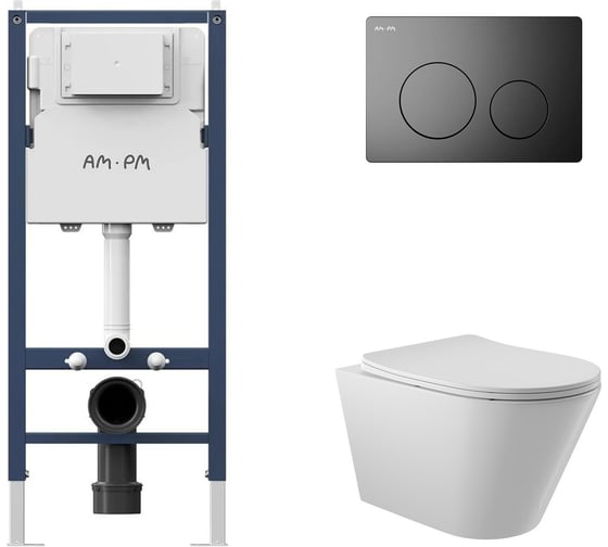Комплект AM.PM I012709.0138 PrimeFit инсталляция для подвесного унитаза с клавишей PrimeFit L, мат.черный + Унитаз подвесной 525*360 безободковый, сиденье Soft-Close, белый глянцевый, форма конус I012709.0138C0110 1