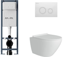 Комплект AM.PM I012711.0101 ErgoFit инсталляция для подвес унитаза с клавишей ErgoFit L пластик, белый глянцевый +  FLUIRE Унитаз подвесной безободковый, быстросъёмное сиденье с микролифтом, белый глян. I012711.0101AL.FLU40106.W