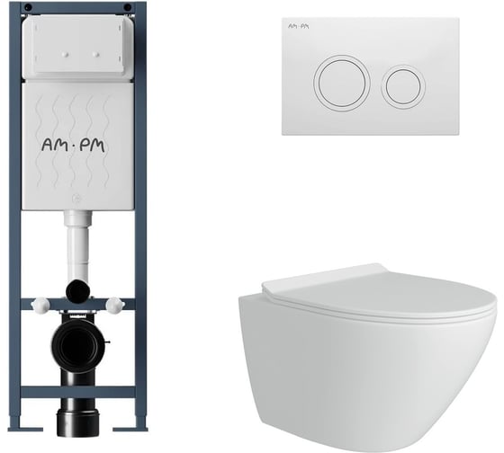 Комплект AM.PM I012711.0101 ErgoFit инсталляция для подвес унитаза с клавишей ErgoFit L пластик, белый глянцевый +  FLUIRE Унитаз подвесной безободковый, быстросъёмное сиденье с микролифтом, белый глян. I012711.0101AL.FLU40106.W 1