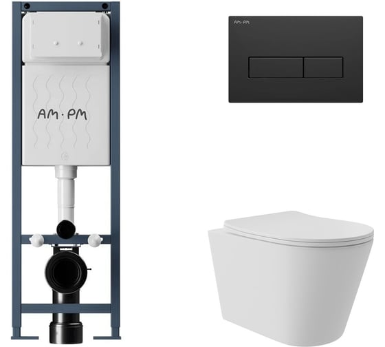 Комплект AM.PM I012711.0338 ErgoFit инсталляция для подвес унитаза с клавишей ErgoFit M пластик, черный матовый + Унитаз подвесной Long 520*365 безободковый, Vortex, сиденье Soft-Close, белый матовый, форма конус I012711.0338CV0220 1