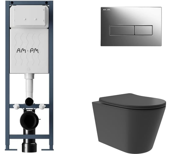 Комплект AM.PM I012711.0351 ErgoFit инсталляция для подвес унитаза с клавишей ErgoFit M пластик, хром глянц + Унитаз подвесной Long 520*365 безободковый, Vortex, сиденье Soft-Close, черный матовый, форма конус I012711.0351CV0240 1