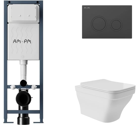 Комплект AM.PM I012711.0138 ErgoFit инсталляция для подвес унитаза с клавишей ErgoFit L пластик, черный матовый + Унитаз подвесной 520*370 безободковый, сиденье Soft-Close, белый глянцевый, форма квадрат с выступом I012711.0138E0110 1