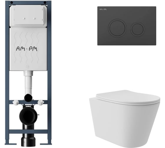Комплект AM.PM I012711.0138 ErgoFit инсталляция для подвес унитаза с клавишей ErgoFit L пластик, черный матовый + Унитаз подвесной Long 520*365 безободковый, Vortex, сиденье Soft-Close, белый матовый, форма конус I012711.0138CV0220 1
