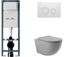 Комплект AM.PM I012711.0101 ErgoFit инсталляция для подвес унитаза с клавишей ErgoFit L пластик, белый глянцевый + Унитаз подвесной 525*360 безободковый, сиденье Soft-Close, серый матовый, форма овал I012711.0101O0130