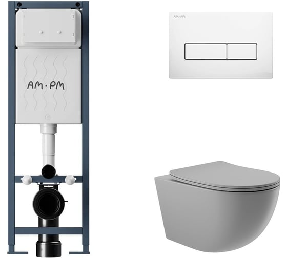 Комплект AM.PM I012711.0301 ErgoFit инсталляция для подвес унитаза с клавишей ErgoFit M пластик, белый глянцевый + Унитаз подвесной 525*360 безободковый, сиденье Soft-Close, серый матовый, форма овал I012711.0301O0130 1