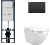 Комплект AM.PM I012711.0338 ErgoFit инсталляция для подвес унитаза с клавишей ErgoFit M пластик, черный матовый +  FLUIRE 110 Vortex Унитаз подвесной безободковый, быстросъёмное сиденье с микролифтом, белый глян. I012711.0338AL.FLU40110.V.W