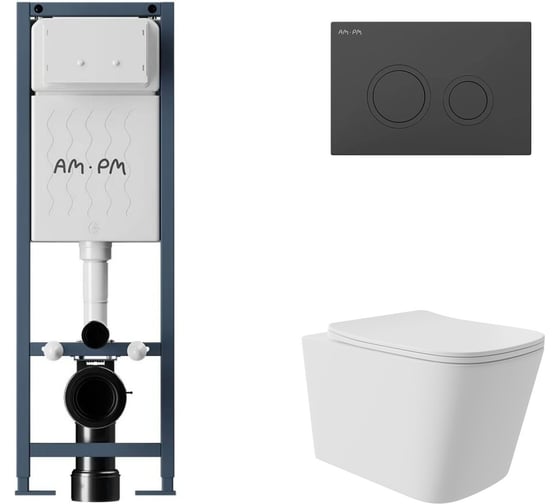 Комплект AM.PM I012711.0138 ErgoFit инсталляция для подвес унитаза с клавишей ErgoFit L пластик, черный матовый + Унитаз подвесной Long 525*345 безободковый, Vortex, сиденье Soft-Close, белый матовый, форма квадрат I012711.0138QV0220 1