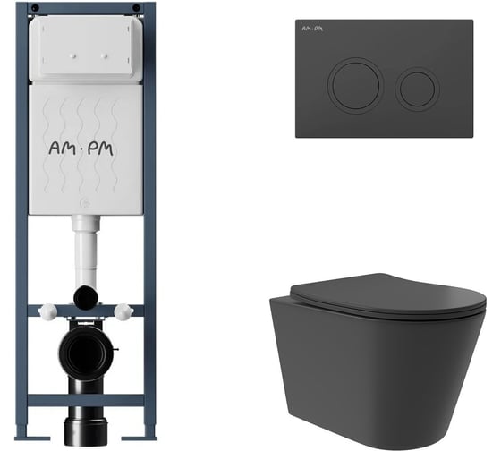 Комплект AM.PM I012711.0138 ErgoFit инсталляция для подвес унитаза с клавишей ErgoFit L пластик, черный матовый + Унитаз подвесной Long 520*365 безободковый, Vortex, сиденье Soft-Close, черный матовый, форма конус I012711.0138CV0240 1