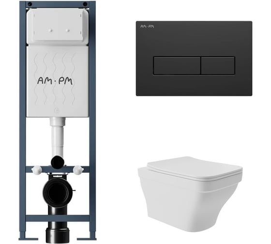 Комплект AM.PM I012711.0338 ErgoFit инсталляция для подвес унитаза с клавишей ErgoFit M пластик, черный матовый + Унитаз подвесной 520*370 безободковый, сиденье Soft-Close, белый матовый, форма квадрат с выступом I012711.0338E0120 1