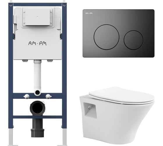 Комплект AM.PM I012709.0138 PrimeFit инсталляция для подвесного унитаза с клавишей PrimeFit L, мат.черный + Подвесной безободковый унитаз AVIMANO Promotion с крышкой-сидением из дюропласта с функцией soft-close и quick release I012709.01381000080 1