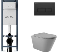 Комплект AM.PM I012711.0338 ErgoFit инсталляция для подвес унитаза с клавишей ErgoFit M пластик, черный матовый + Унитаз подвесной 525*360 безободковый, сиденье Soft-Close, серый матовый, форма конус I012711.0338C0130