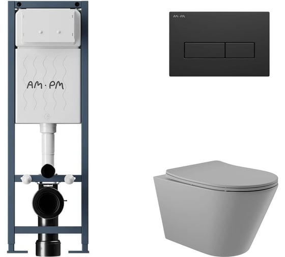 Комплект AM.PM I012711.0338 ErgoFit инсталляция для подвес унитаза с клавишей ErgoFit M пластик, черный матовый + Унитаз подвесной 525*360 безободковый, сиденье Soft-Close, серый матовый, форма конус I012711.0338C0130 1
