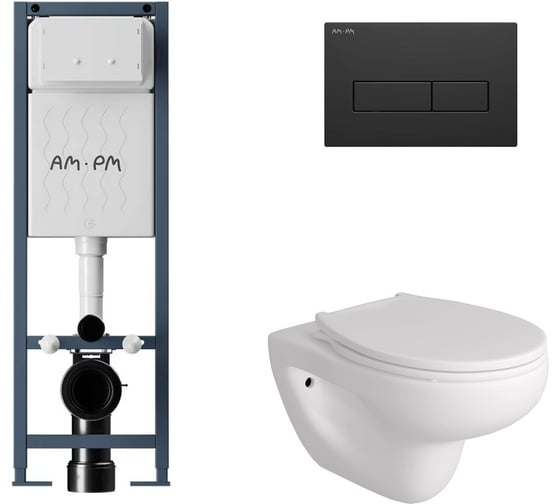 Комплект AM.PM I012711.0338 ErgoFit инсталляция для подвес унитаза с клавишей ErgoFit M пластик, черный матовый + FLUIRE 901 Унитаз подвесной безободковый, быстросъёмное сиденье с микролифтом, белый глян. I012711.0338AL.FLU40901.W 1