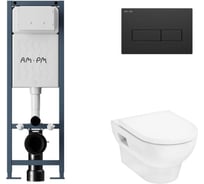 Комплект AM.PM I012711.0338 ErgoFit инсталляция для подвес унитаза с клавишей ErgoFit M пластик, черный матовый +  GladeLake S Унитаз подвесной 540x360, сиденье с микролифтом, безободковый, белый I012711.0338HGSET002