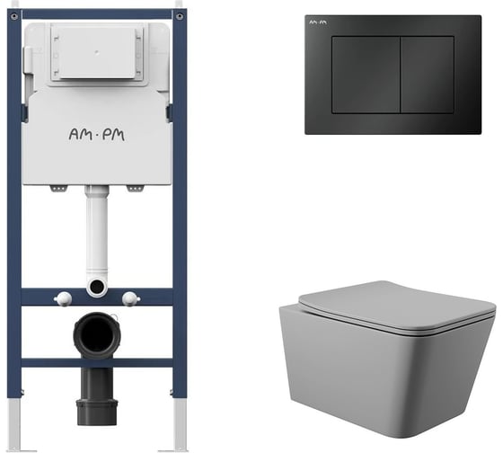 Комплект AM.PM I012709.0238 PrimeFit инсталляция для подвесного унитаза с клавишей PrimeFit S, мат.черный + Унитаз подвесной 520*370 безободковый, сиденье Soft-Close, серый матовый, форма квадрат I012709.0238Q0130 1
