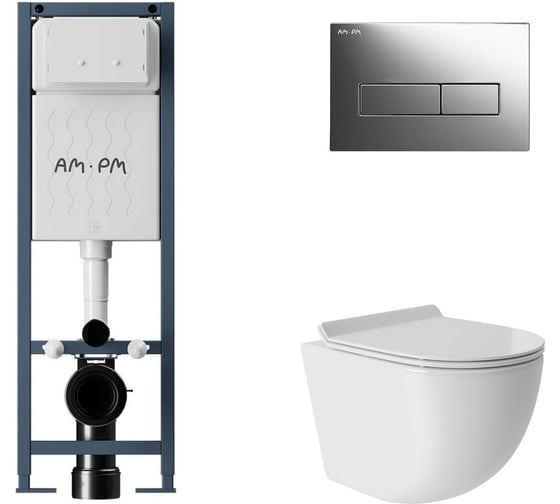 Комплект AM.PM I012711.0351 ErgoFit инсталляция для подвес унитаза с клавишей ErgoFit M пластик, хром глянц + Унитаз подвесной 480*360 безободковый, Vortex, сиденье Soft-Close, белый глянцевый, форма овал I012711.0351OV0110 1