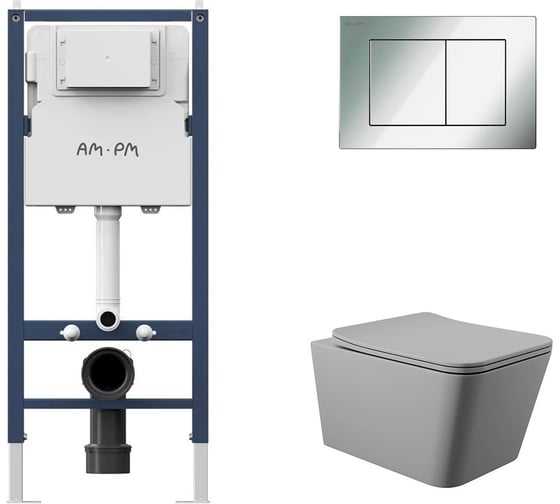 Комплект AM.PM I012709.0251 PrimeFit инсталляция для подвесного унитаза с клавишей PrimeFit S, хром глянц + Унитаз подвесной 520*370 безободковый, сиденье Soft-Close, серый матовый, форма квадрат I012709.0251Q0130 1