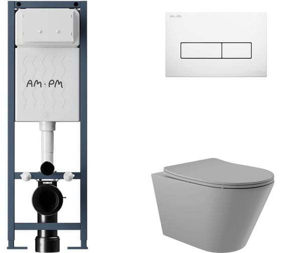 Комплект AM.PM I012711.0301 ErgoFit инсталляция для подвес унитаза с клавишей ErgoFit M пластик, белый глянцевый + Унитаз подвесной 525*360 безободковый, сиденье Soft-Close, серый матовый, форма конус I012711.0301C0130 1