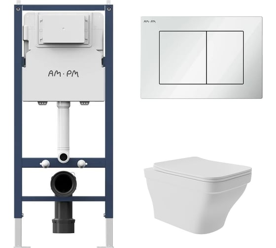 Комплект AM.PM I012709.0201 PrimeFit инсталляция для подвесного унитаза с клавишей PrimeFit S, бел глянц + Унитаз подвесной 520*370 безободковый, сиденье Soft-Close, белый матовый, форма квадрат с выступом I012709.0201E0120 1