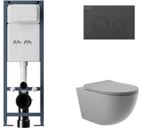 Комплект AM.PM I012711.0138 ErgoFit инсталляция для подвес унитаза с клавишей ErgoFit L пластик, черный матовый + Унитаз подвесной 525*360 безободковый, сиденье Soft-Close, серый матовый, форма овал I012711.0138O0130