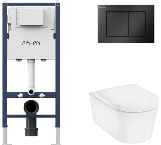 Комплект AM.PM I012709.0238 PrimeFit инсталляция для подвесного унитаза с клавишей PrimeFit S, мат.черный + EluPura Original S Унитаз подвесной 540x360, AquaFall, сиденье с микролифтом, белый I012709.0238HGSET012 1