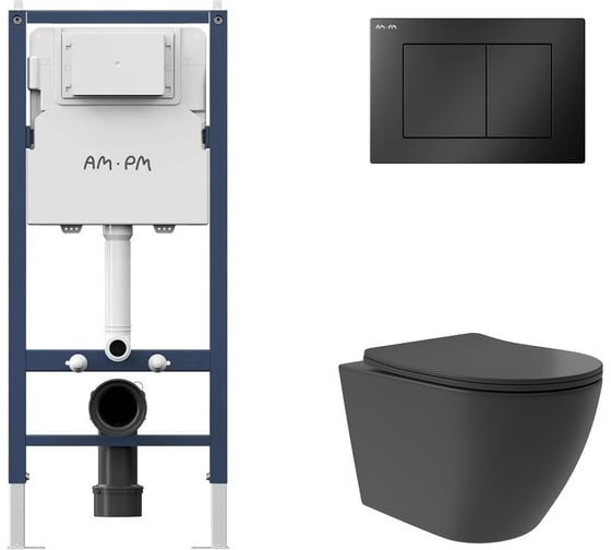 Комплект AM.PM I012709.0238 PrimeFit инсталляция для подвесного унитаза с клавишей PrimeFit S, мат.черный + Унитаз подвесной Long 520*365 безободковый, Vortex, сиденье Soft-Close, черный матовый, форма овал I012709.0238OV0240 1