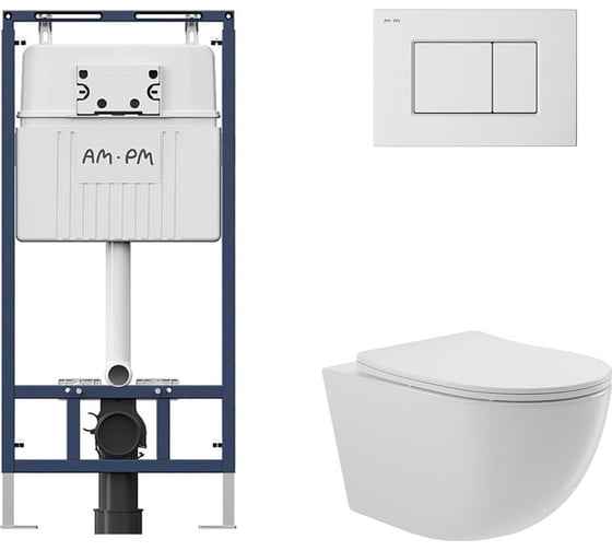 Комплект AM.PM MasterFit инсталляция для подвесного унитаза с клавишей ProC S, бел глянц + Унитаз подвесной 525*360 безободковый, сиденье Soft-Close, белый глянцевый, форма овал I012710.0201O0110 1