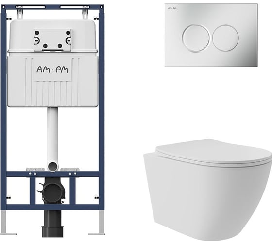 Комплект AM.PM MasterFit инсталляция для подвесного унитаза с клавишей ProC L, мат.хром + Унитаз подвесной Long 520*365 безободковый, Vortex, сиденье Soft-Close, белый матовый, форма овал I012710.0131OV0220 1
