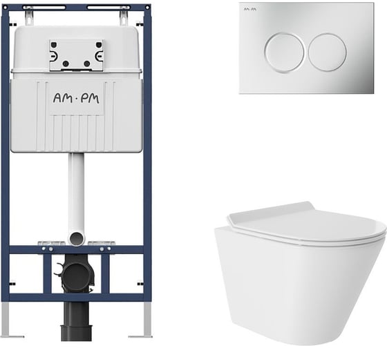 Комплект AM.PM MasterFit инсталляция для подвесного унитаза с клавишей ProC L, мат.хром + Унитаз подвесной 480*360 безободковый, Vortex, сиденье Soft-Close, белый глянцевый, форма конус I012710.0131CV0110 1