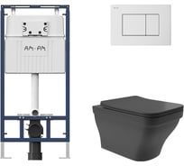 Комплект AM.PM MasterFit инсталляция для подвесного унитаза с клавишей ProC S, бел глянц + Унитаз подвесной 520*370 безободковый, сиденье Soft-Close, черный матовый, форма квадрат с выступом I012710.0201E0140