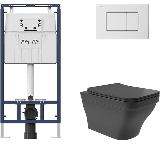 Комплект AM.PM MasterFit инсталляция для подвесного унитаза с клавишей ProC S, бел глянц + Унитаз подвесной 520*370 безободковый, сиденье Soft-Close, черный матовый, форма квадрат с выступом I012710.0201E0140 1