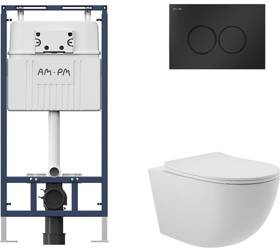 Комплект AM.PM MasterFit инсталляция для подвесного унитаза с клавишей ProC L, мат.черный + Унитаз подвесной 525*360 безободковый, сиденье Soft-Close, белый матовый, форма овал I012710.0138O0120 1