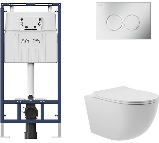 Комплект AM.PM MasterFit инсталляция для подвесного унитаза с клавишей ProC L, мат.хром + Унитаз подвесной 525*360 безободковый, сиденье Soft-Close, белый матовый, форма овал I012710.0131O0120 1